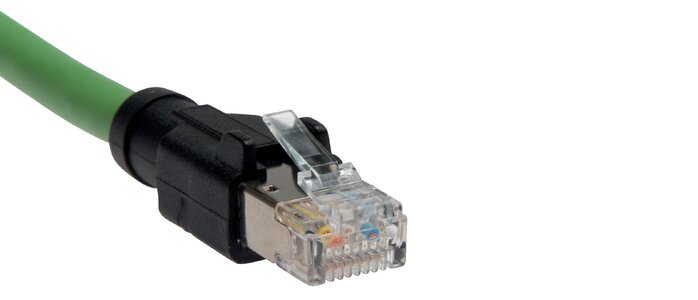 Exemplarische Darstellung: Netzwerkkabel CAT.5, Kabelende 2: RJ45-Stecker (gerade)